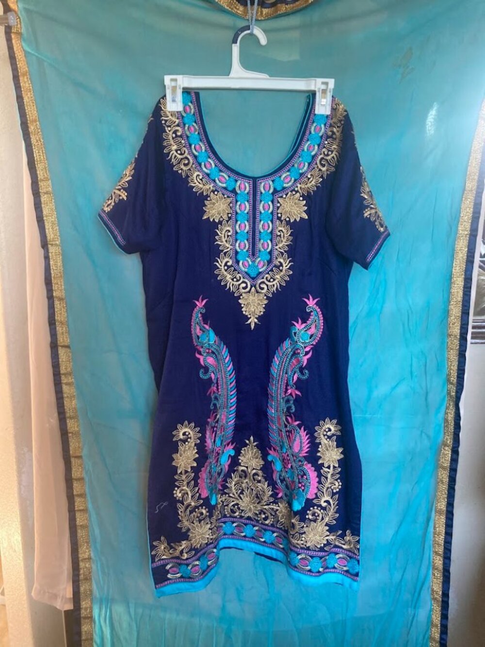 3Pc Indian Salwar Kameez Suit Royal Blue Velvet Gold Peacock Embroidered Tunic
